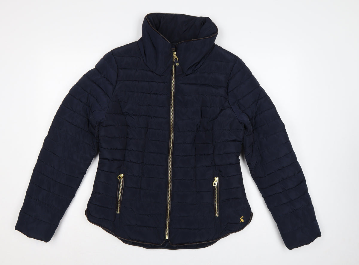 Joules Women Blue UK 14 Quilted Puffer Jacket Zip Padded Gold Trim