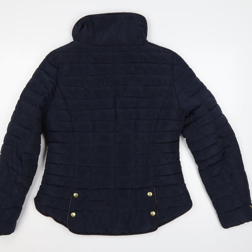 Joules Women Blue UK 14 Quilted Puffer Jacket Zip Padded Gold Trim