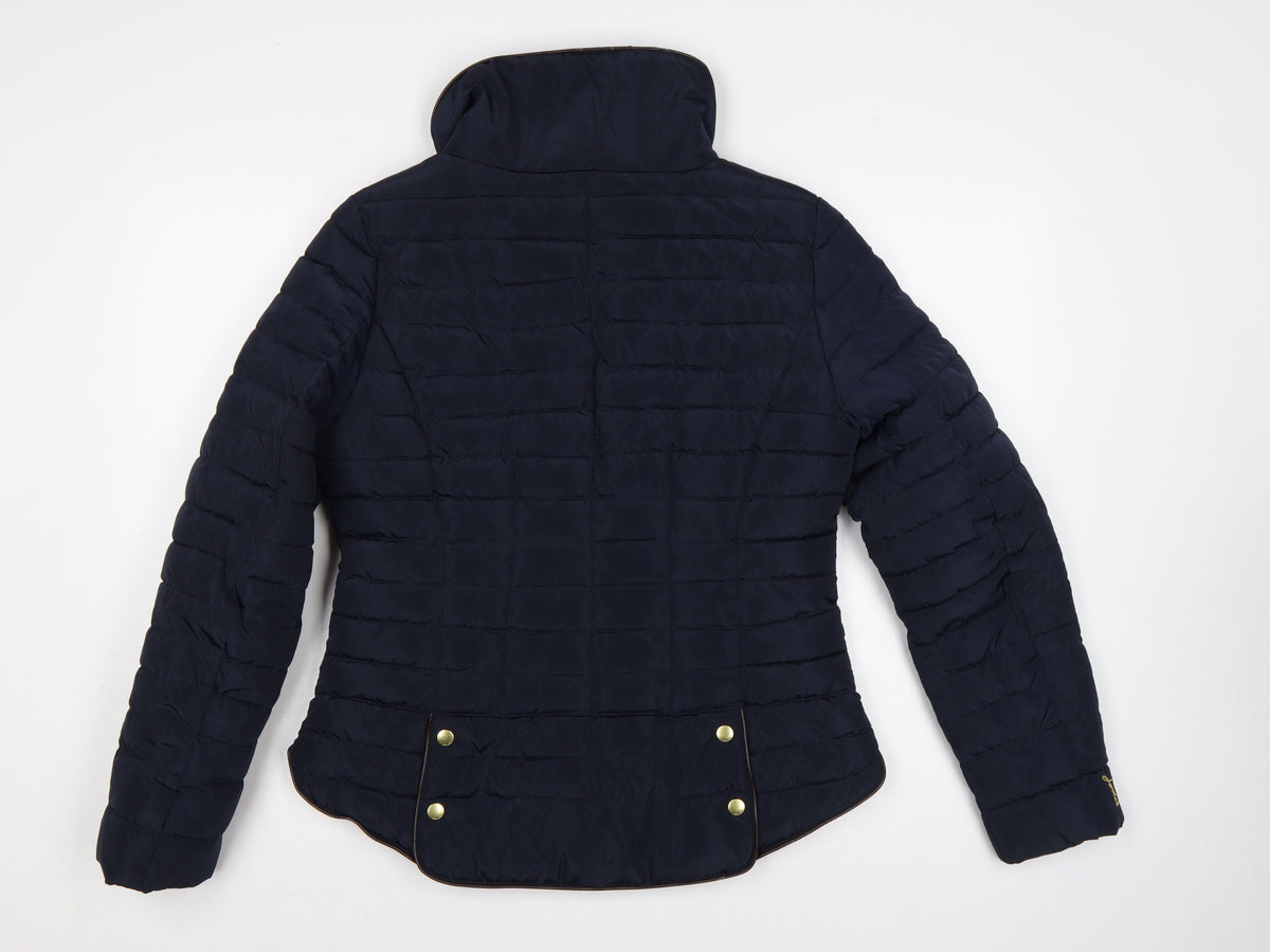 Joules Women Blue UK 14 Quilted Puffer Jacket Zip Padded Gold Trim