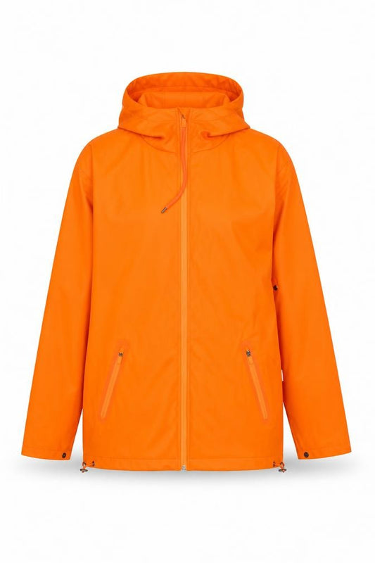 Front view of Rains unisex orange m hooded waterproof rain coat jacket