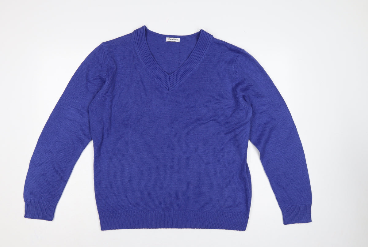 Damart Women Blue UK 20 V-Neck Long Sleeve Acrylic Knit Jumper
