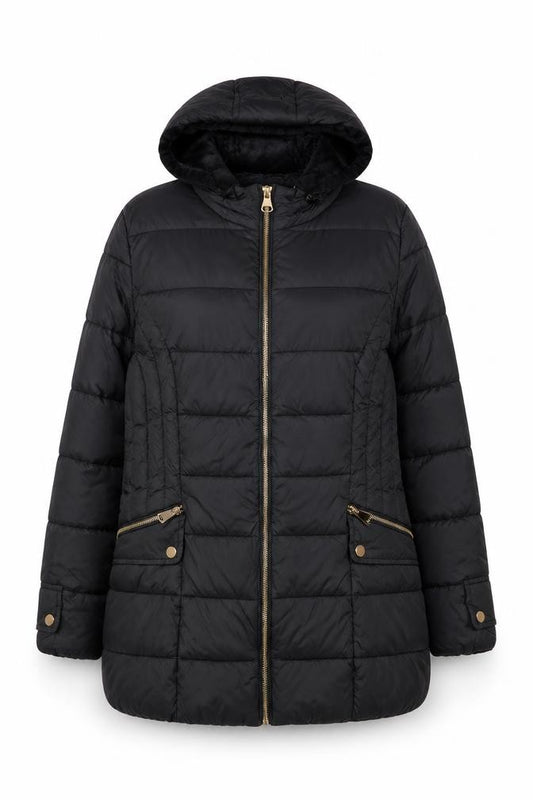 ELLE Women Black UK 16 Hooded Quilted Puffer Jacket Nylon