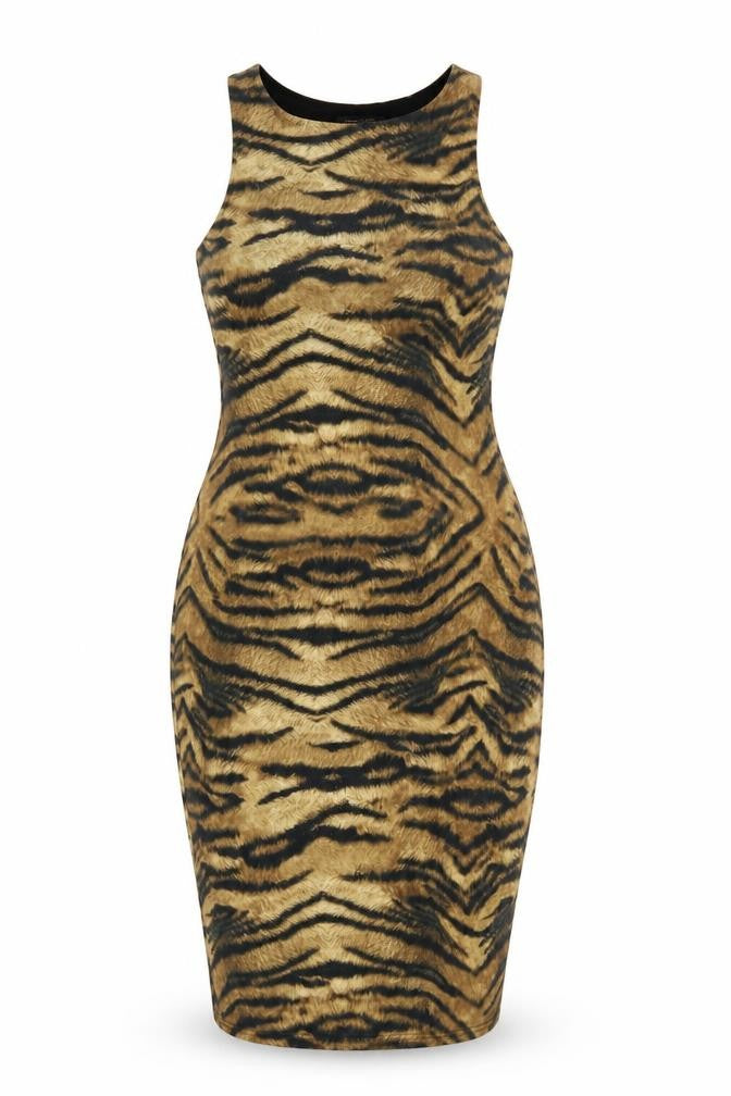 River Island Women Brown Tiger Print Bodycon Knee Length Dress UK 12