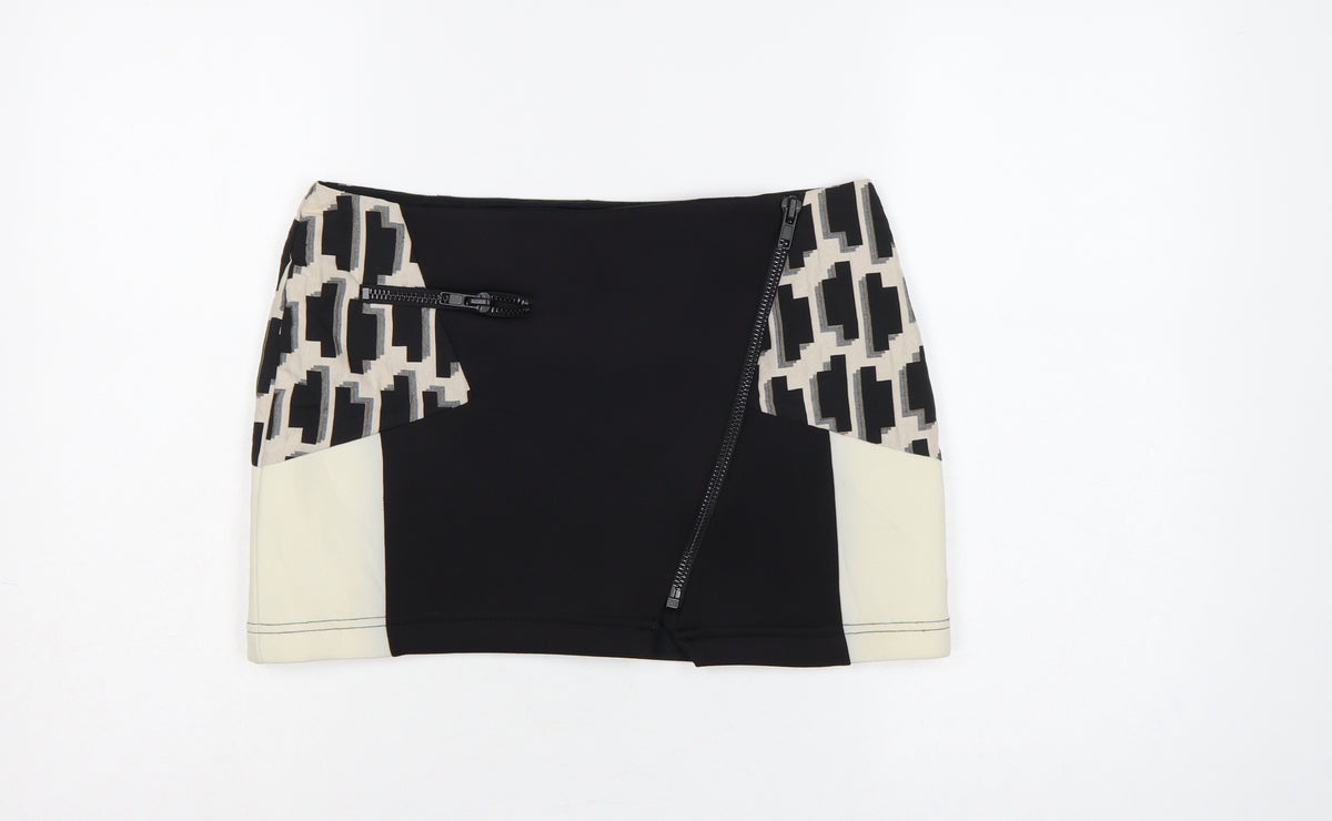 River Island Women Black Ivory UK 10 Geometric Zip Mini Pencil Skirt