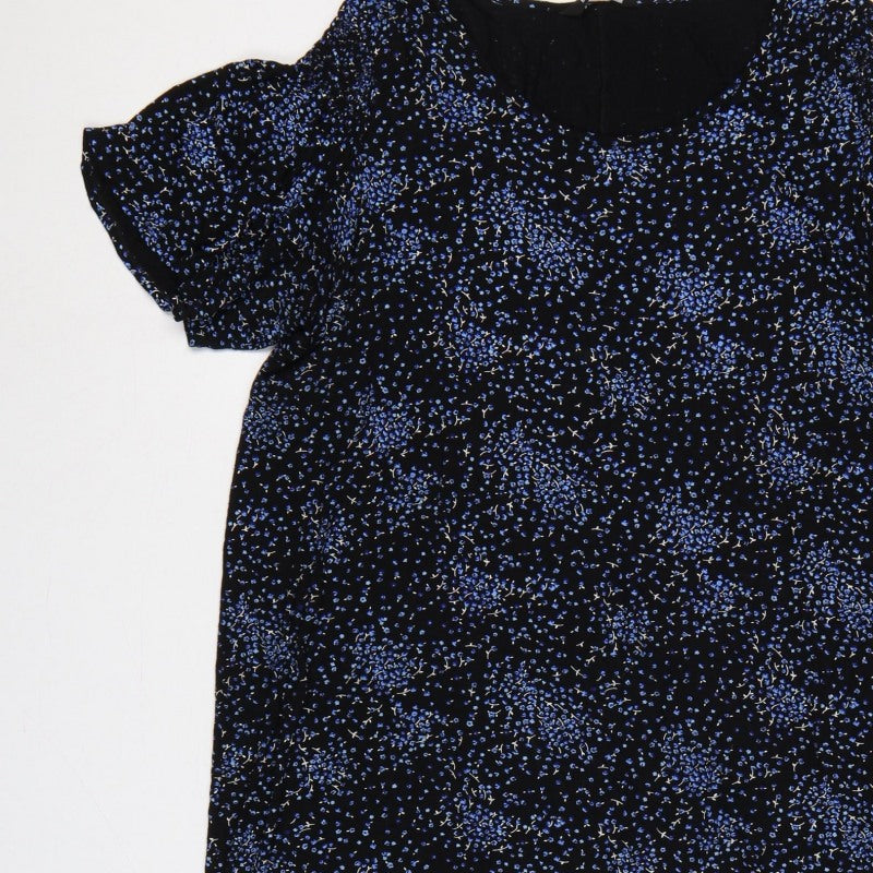 Evans Women Black Blue Floral Shift Dress UK 20 Flutter Sleeve