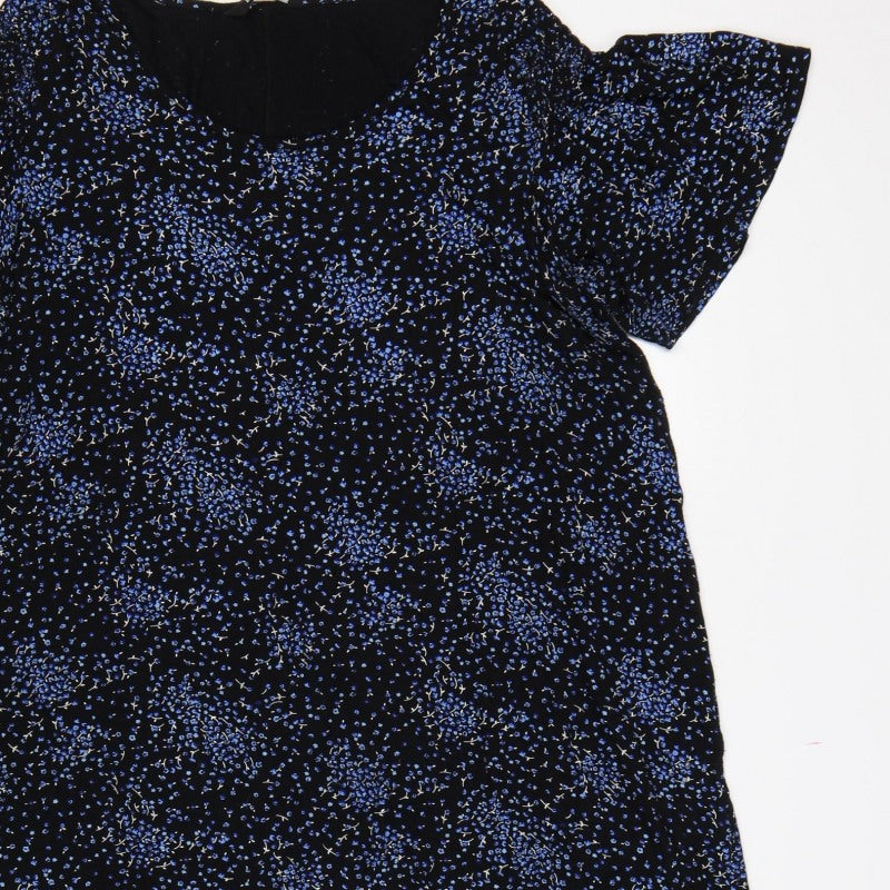 Evans Women Black Blue Floral Shift Dress UK 20 Flutter Sleeve