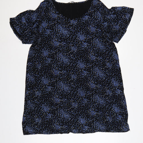 Evans Women Black Blue Floral Shift Dress UK 20 Flutter Sleeve