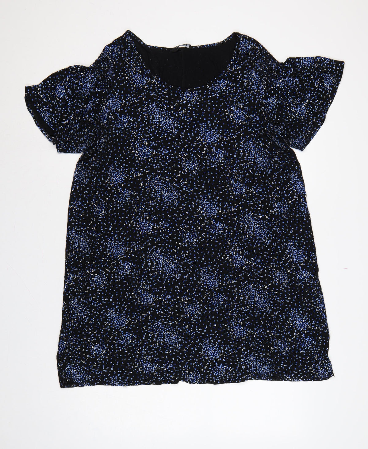 Evans Women Black Blue Floral Shift Dress UK 20 Flutter Sleeve