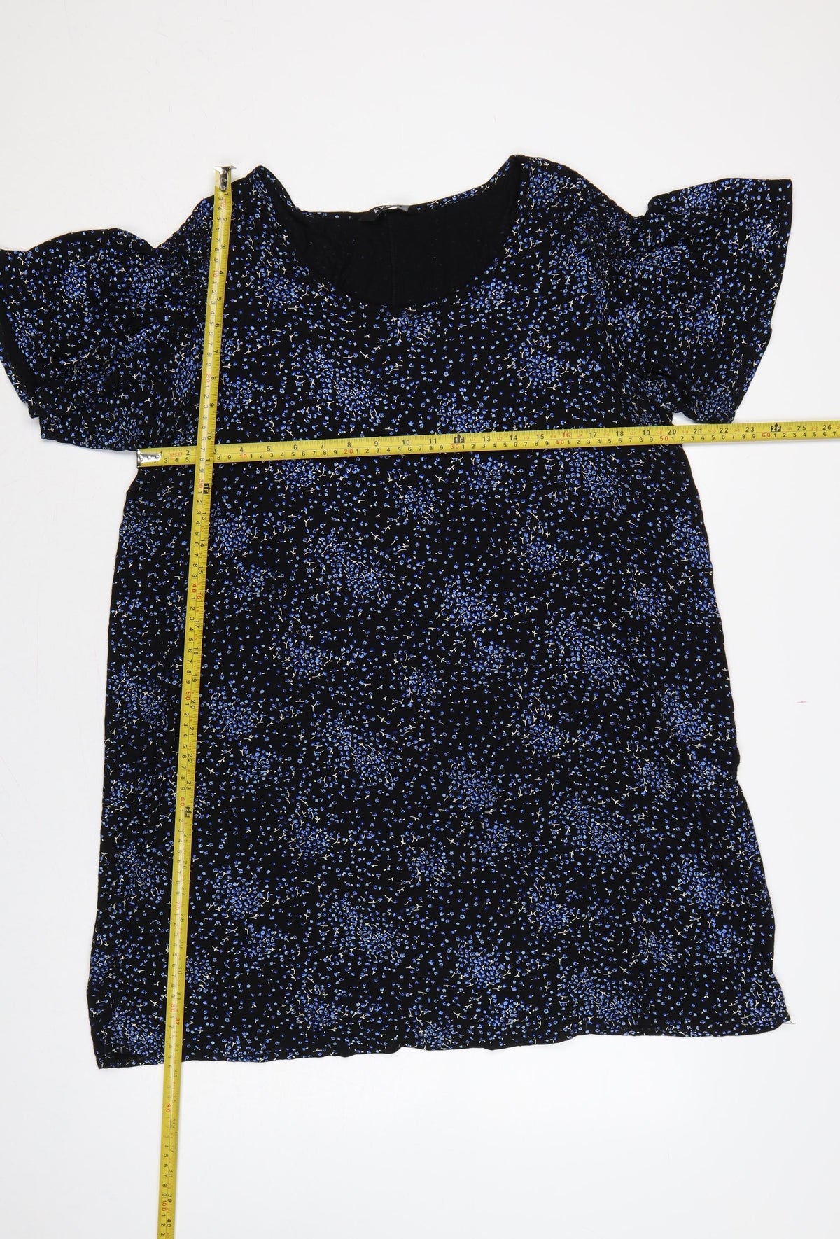 Evans Women Black Blue Floral Shift Dress UK 20 Flutter Sleeve