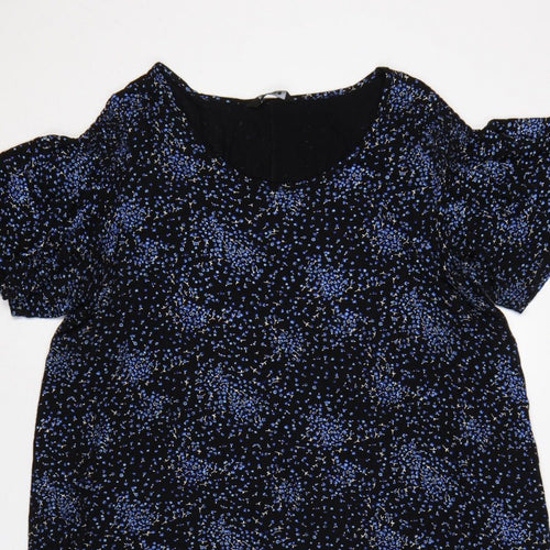 Evans Women Black Blue Floral Shift Dress UK 20 Flutter Sleeve
