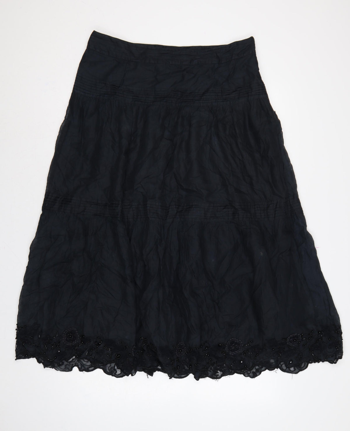 Whistles Women’s Black UK 12 A-Line Midi Cotton Beaded Lace Skirt