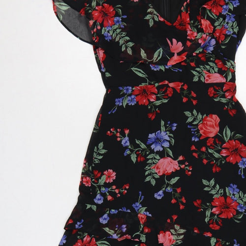 Lipsy Women Black Floral UK 10 Hi-Low Fit & Flare Chiffon Dress