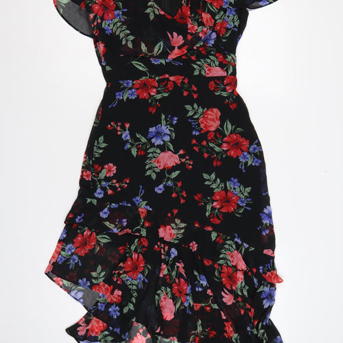 Lipsy Women Black Floral UK 10 Hi-Low Fit & Flare Chiffon Dress
