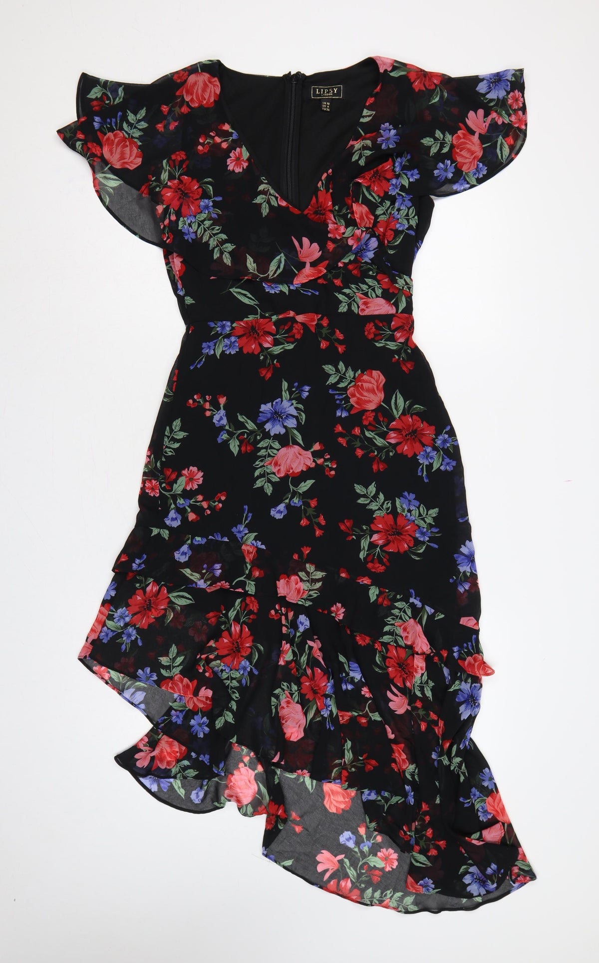 Lipsy Women Black Floral UK 10 Hi-Low Fit & Flare Chiffon Dress