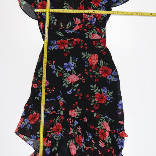 Lipsy Women Black Floral UK 10 Hi-Low Fit & Flare Chiffon Dress