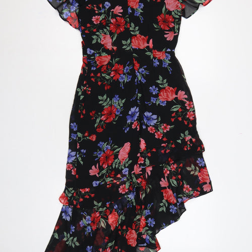 Lipsy Women Black Floral UK 10 Hi-Low Fit & Flare Chiffon Dress
