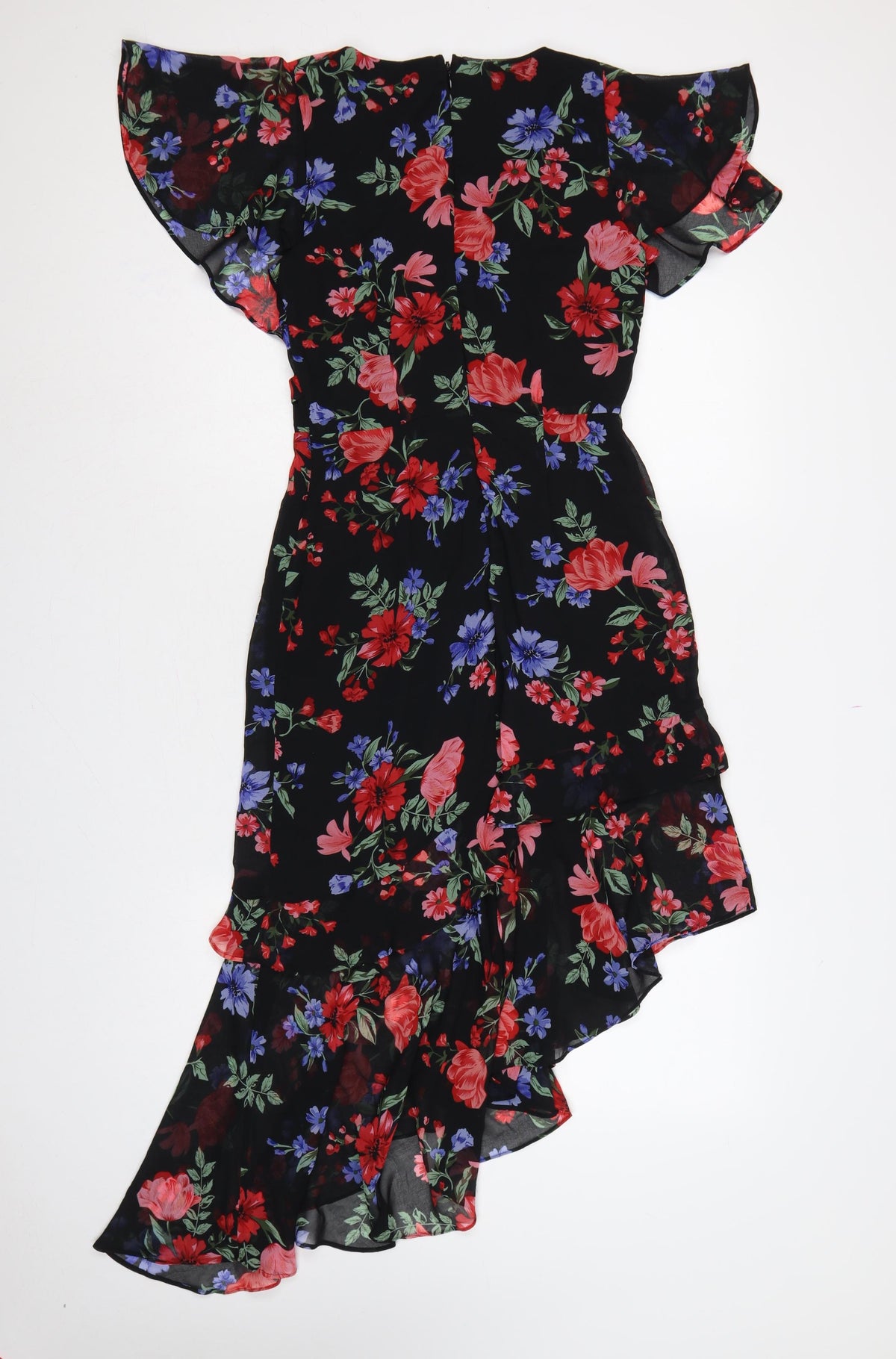 Lipsy Women Black Floral UK 10 Hi-Low Fit & Flare Chiffon Dress