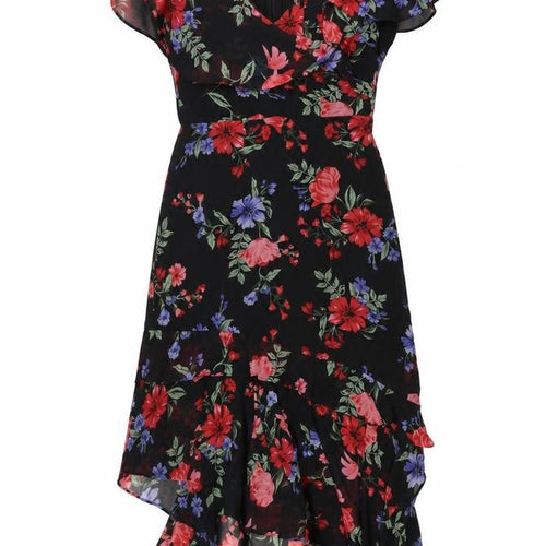 Lipsy Women Black Floral UK 10 Hi-Low Fit & Flare Chiffon Dress