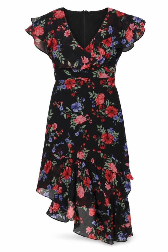 Lipsy Women Black Floral UK 10 Hi-Low Fit & Flare Chiffon Dress