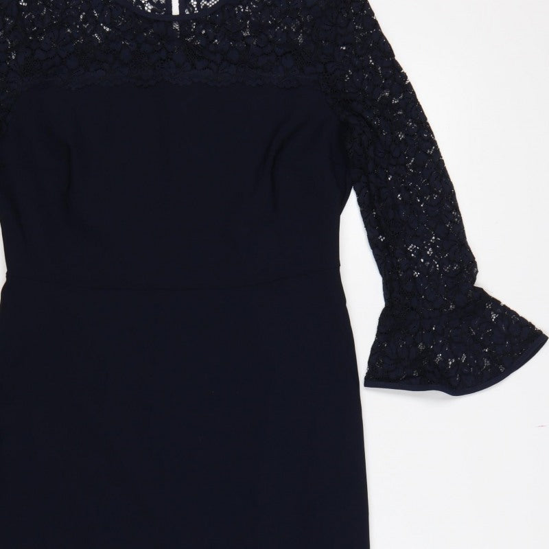 Phase Eight Women Blue UK 12 A-Line Lace Bell Sleeve Knee Dress