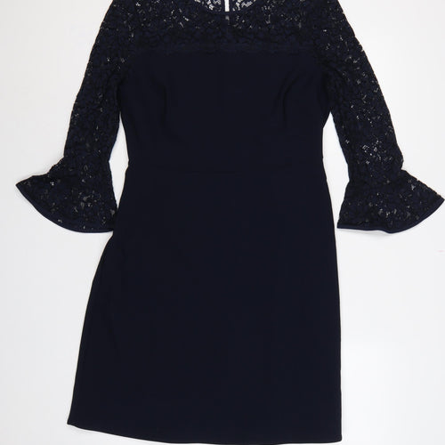 Phase Eight Women Blue UK 12 A-Line Lace Bell Sleeve Knee Dress