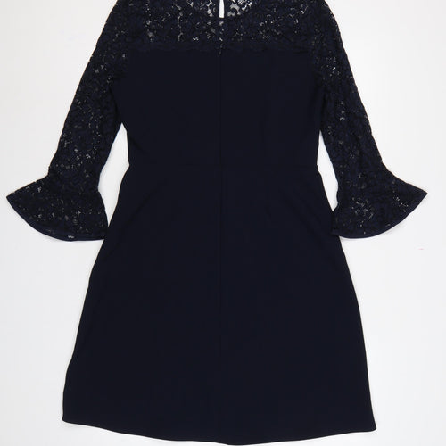 Phase Eight Women Blue UK 12 A-Line Lace Bell Sleeve Knee Dress