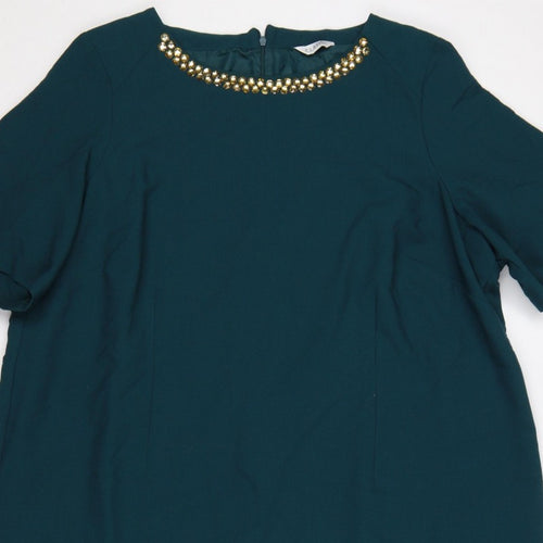 M&S Women Green UK 24 Sheath Dress Beaded Neck Flutter Sleeves