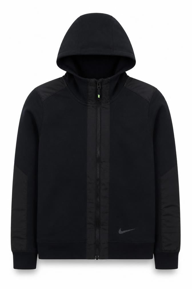 Front view of Nike Teens Black L Full Zip Hooded Sweatshirt Logo Cotton Blend