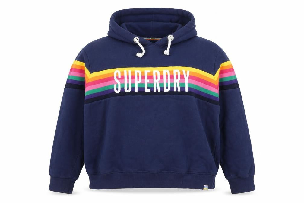 Superdry Women’s Blue UK 16 Rainbow Stripe Logo Pullover Hoodie