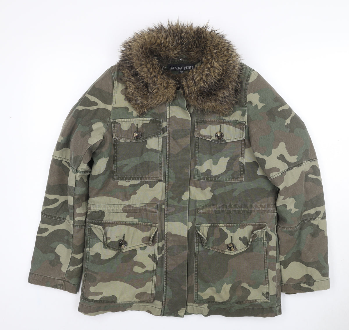 Topshop Petite Women’s Green UK 8 Camouflage Military Faux Fur Jacket