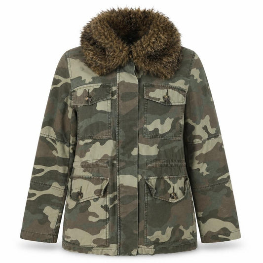 Front view of Topshop Petite Women’s Green UK 8 Camouflage Military Faux Fur Jacket