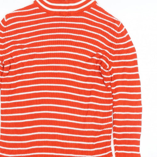 Vila Women Orange White Striped Rib Knit Mock Neck Long Sleeve Top S