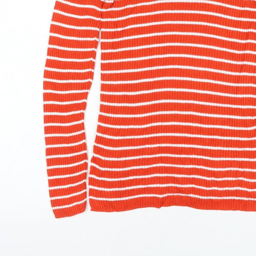 Vila Women Orange White Striped Rib Knit Mock Neck Long Sleeve Top S