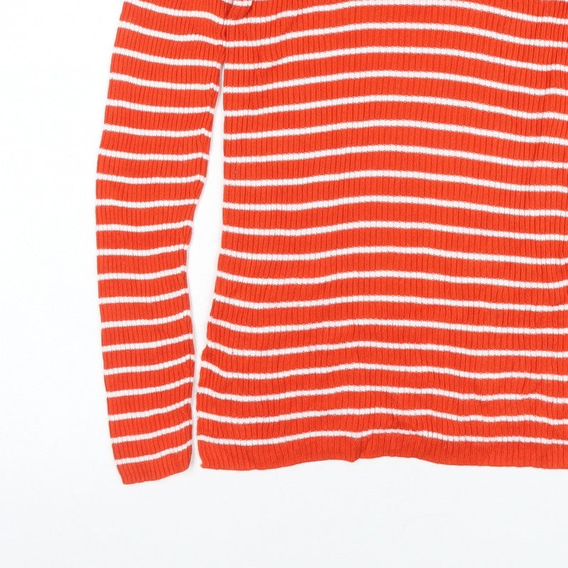 Vila Women Orange White Striped Rib Knit Mock Neck Long Sleeve Top S