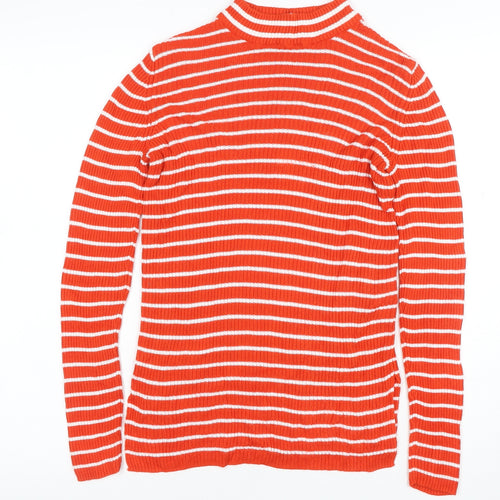 Vila Women Orange White Striped Rib Knit Mock Neck Long Sleeve Top S