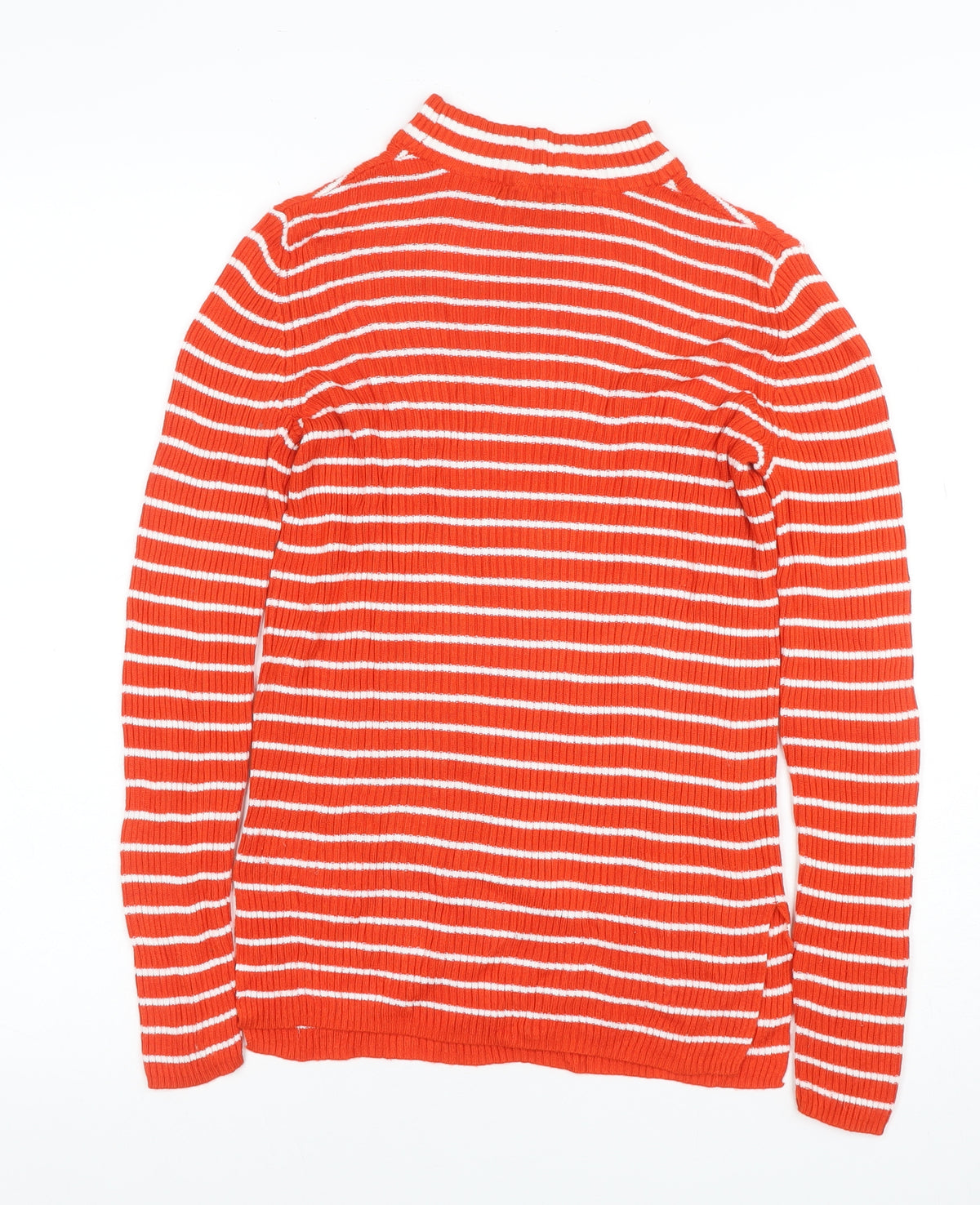 Vila Women Orange White Striped Rib Knit Mock Neck Long Sleeve Top S