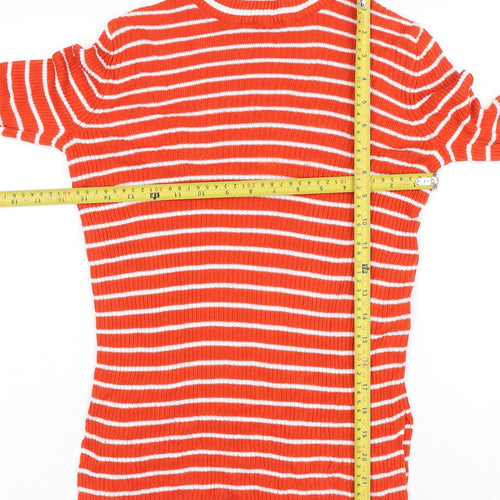 Vila Women Orange White Striped Rib Knit Mock Neck Long Sleeve Top S