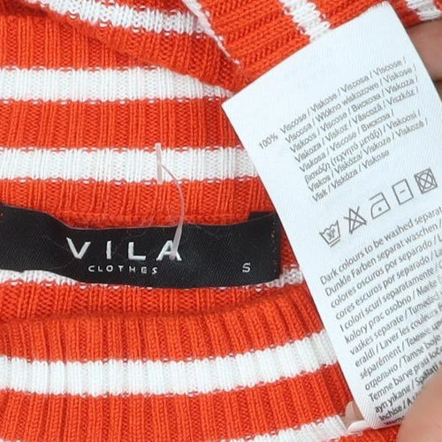 Vila Women Orange White Striped Rib Knit Mock Neck Long Sleeve Top S