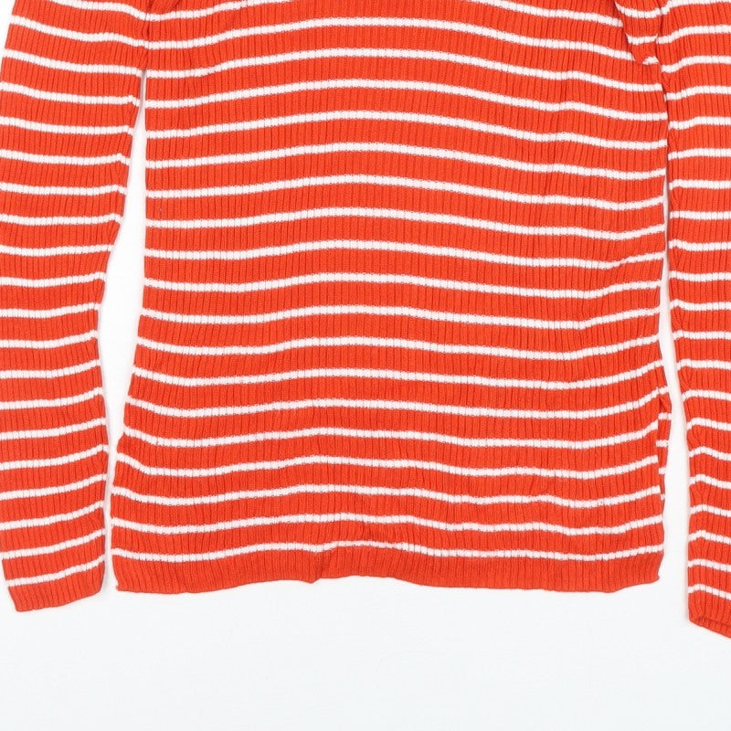 Vila Women Orange White Striped Rib Knit Mock Neck Long Sleeve Top S
