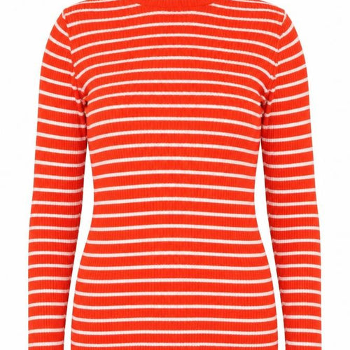 Vila Women Orange White Striped Rib Knit Mock Neck Long Sleeve Top S