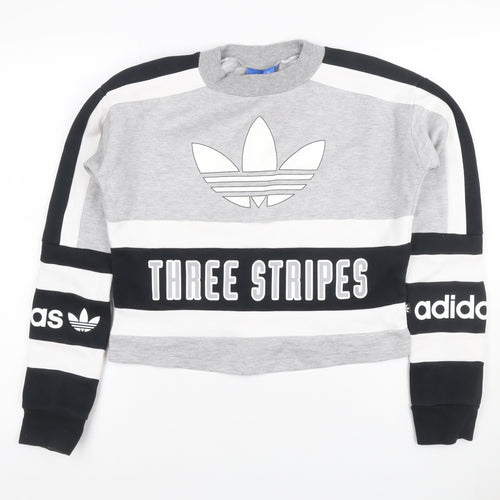 Adidas Women Grey Black White Size 6 Colourblock Logo Sweatshirt