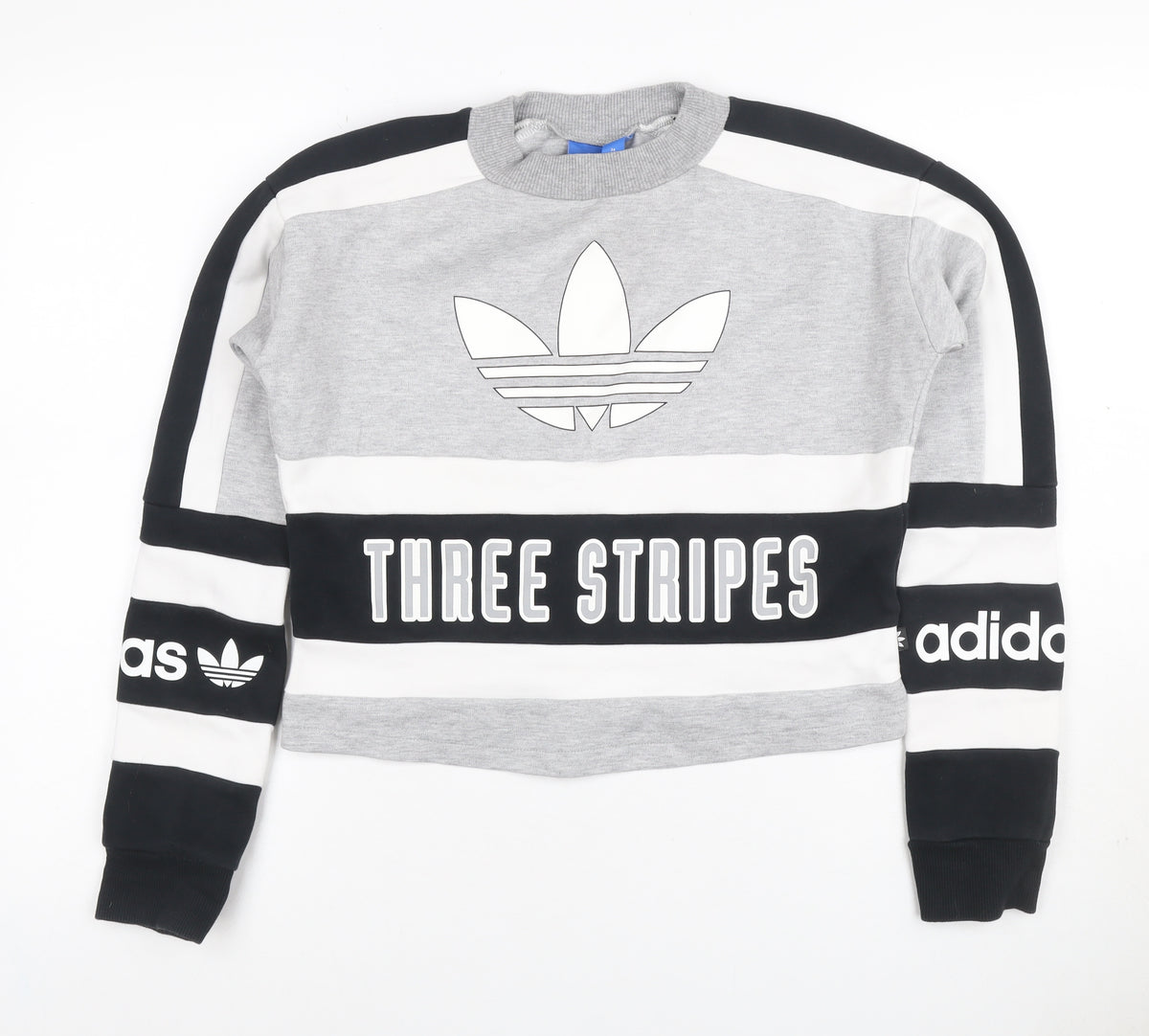 Adidas Women Grey Black White Size 6 Colourblock Logo Sweatshirt