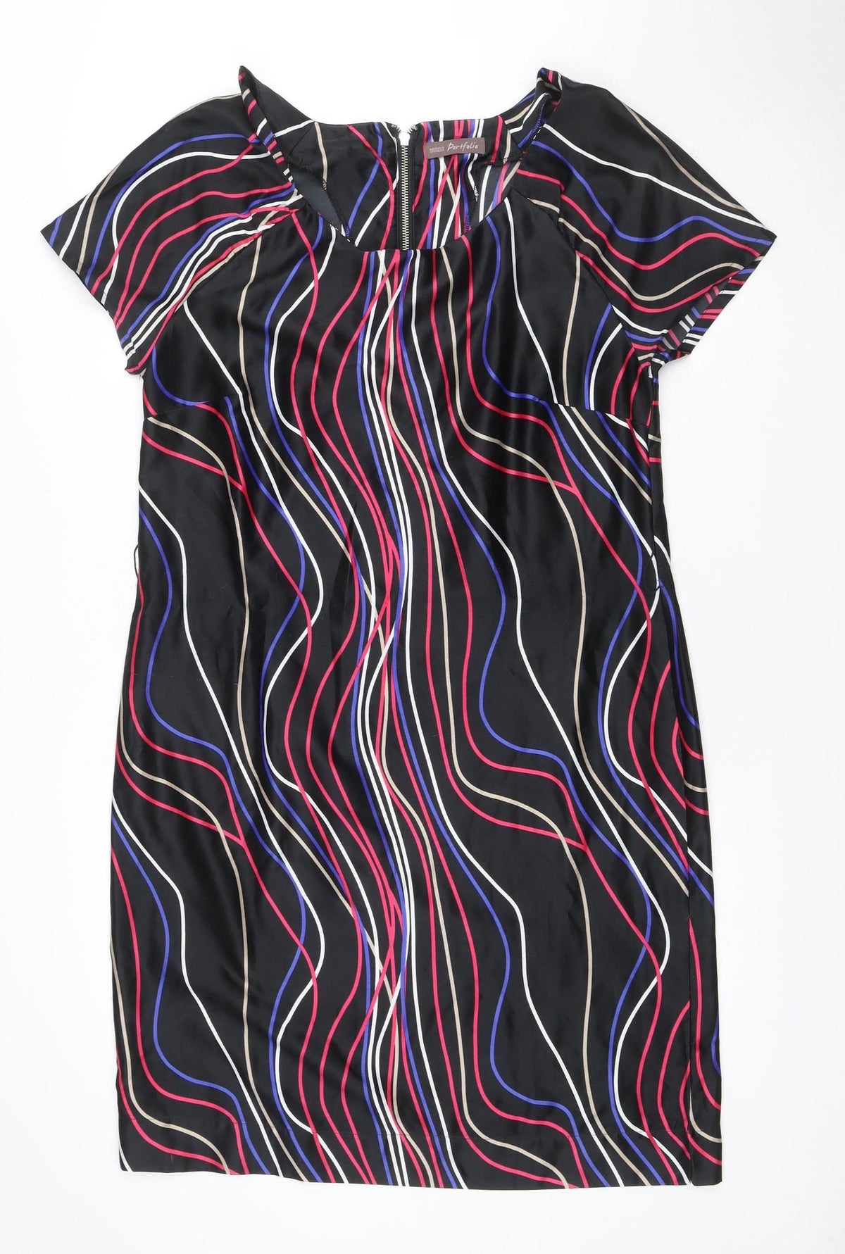 Marks & Spencer Women Black Multicolour UK 14 Shift Dress Wavy Stripe Zip