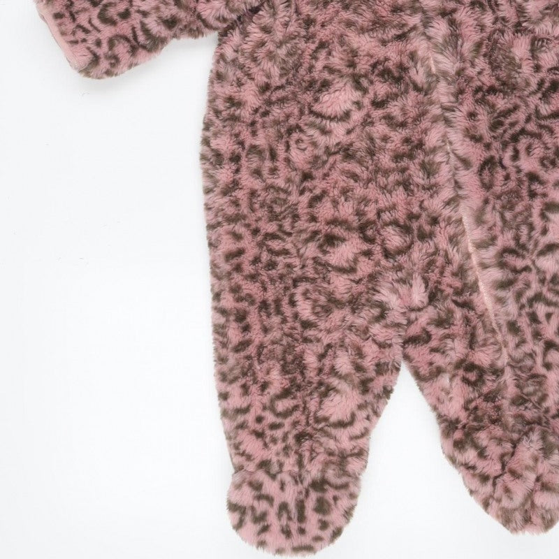 DKNY Girls Pink Leopard Faux Fur Coat 6-9 Months Hooded Long Sleeve