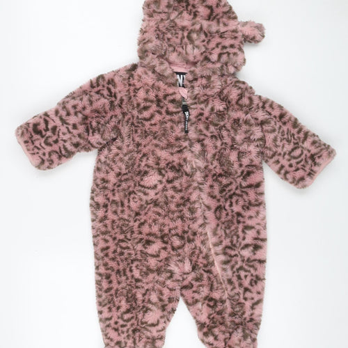DKNY Girls Pink Leopard Faux Fur Coat 6-9 Months Hooded Long Sleeve