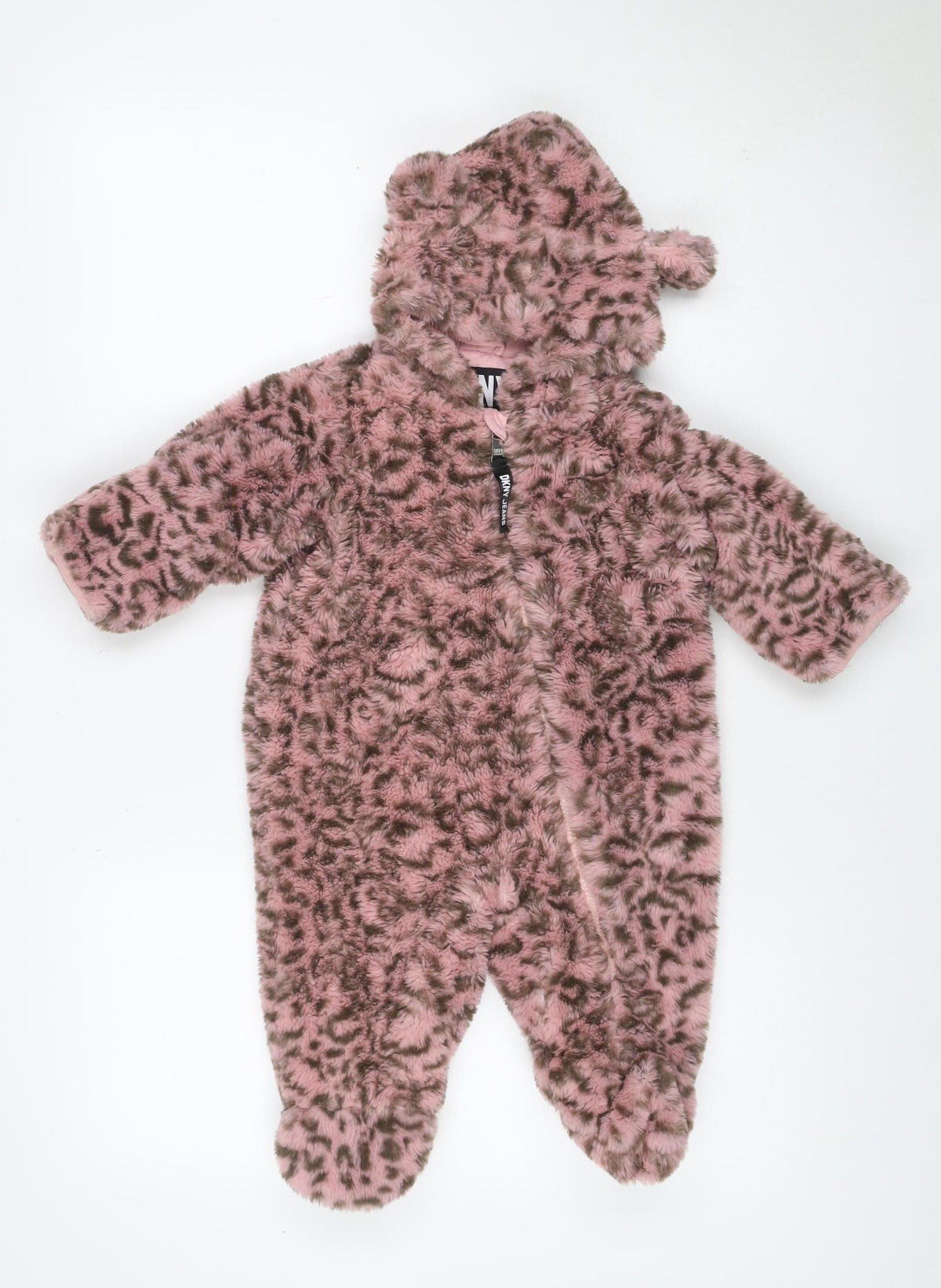 DKNY Girls Pink Leopard Faux Fur Coat 6-9 Months Hooded Long Sleeve