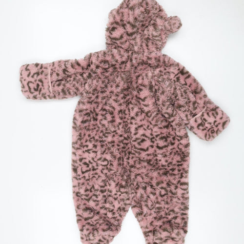 DKNY Girls Pink Leopard Faux Fur Coat 6-9 Months Hooded Long Sleeve