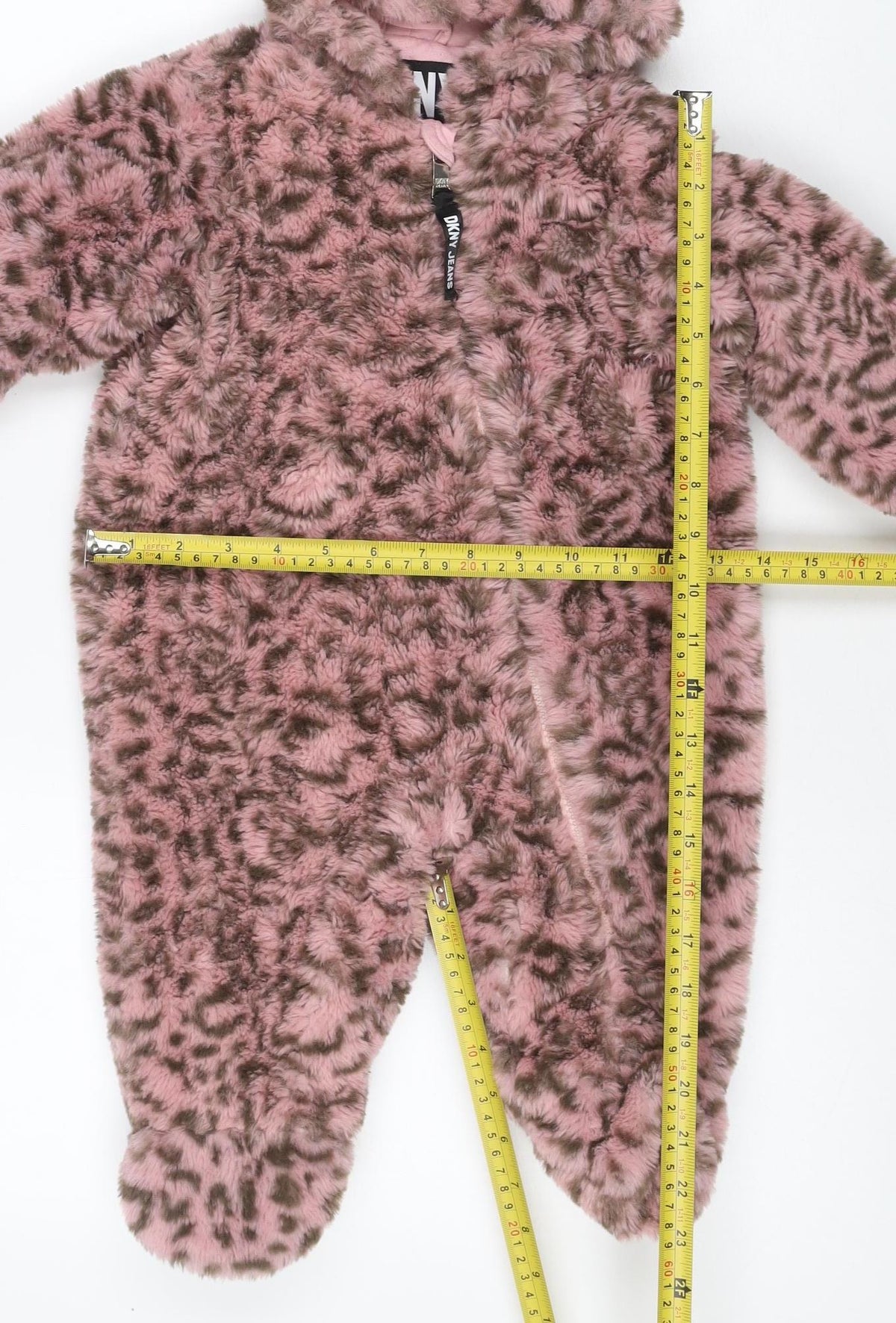 DKNY Girls Pink Leopard Faux Fur Coat 6-9 Months Hooded Long Sleeve