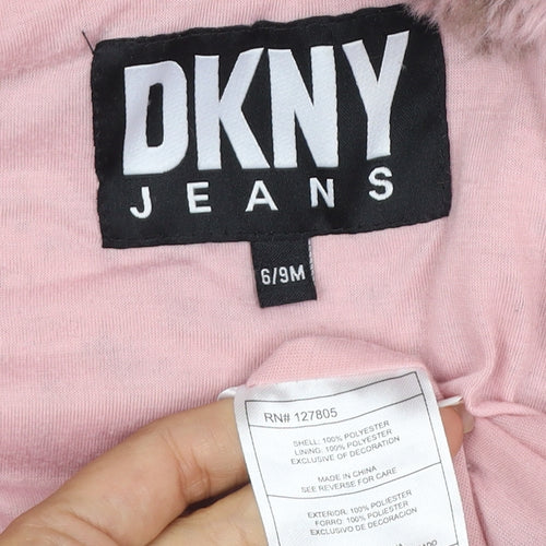 DKNY Girls Pink Leopard Faux Fur Coat 6-9 Months Hooded Long Sleeve