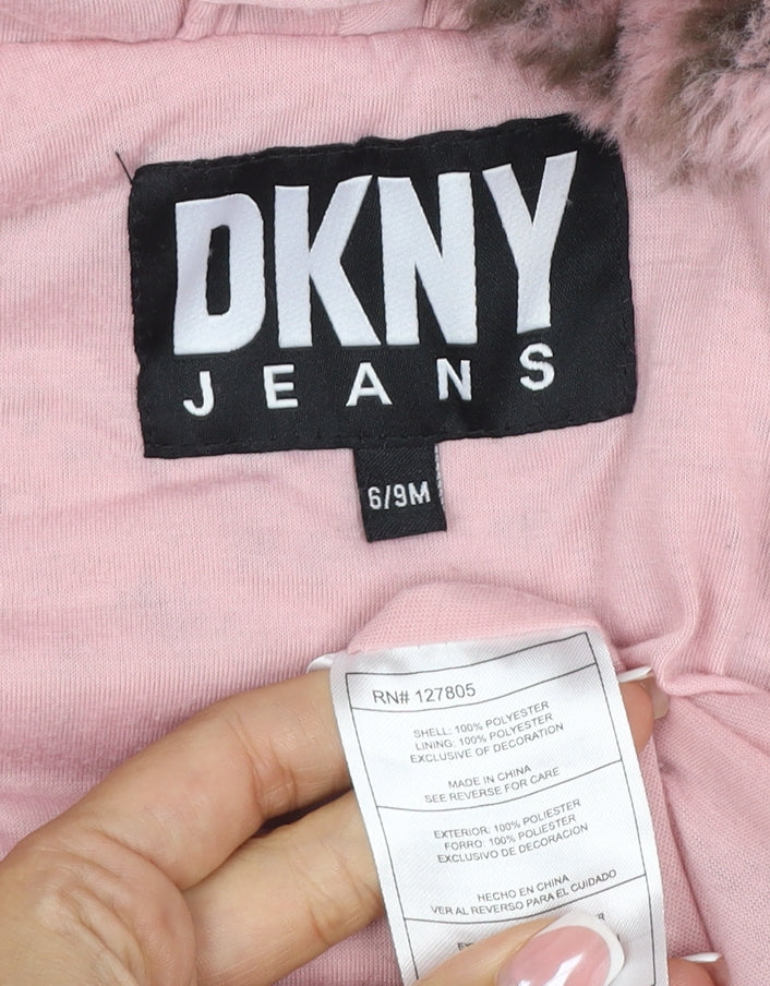 DKNY Girls Pink Leopard Faux Fur Coat 6-9 Months Hooded Long Sleeve